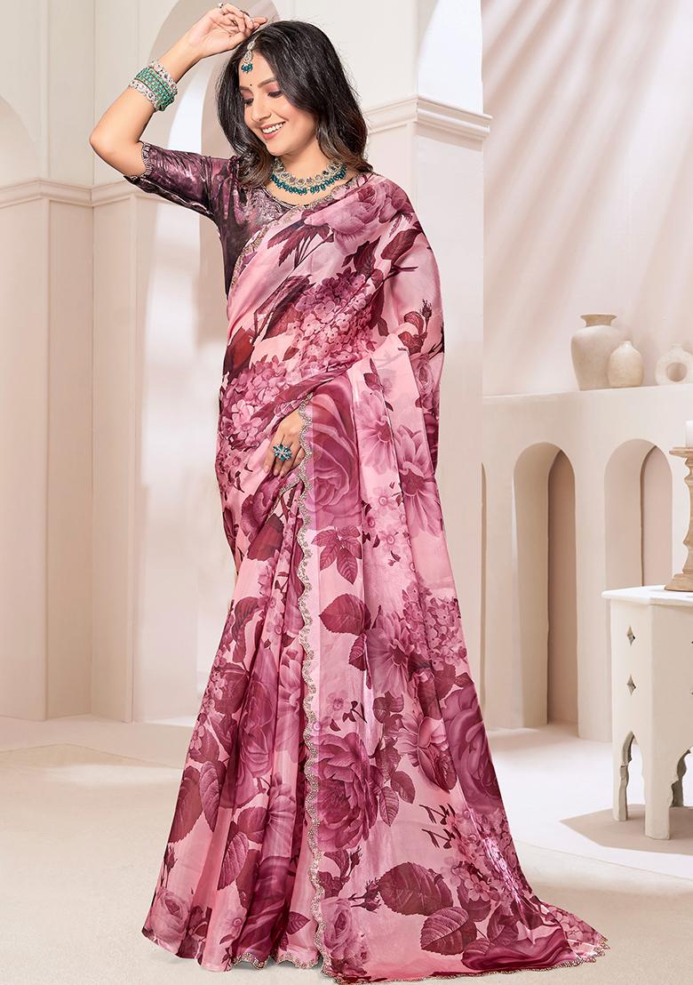 Wine Zircon Hand Embroidered Organza Silk Saree Set