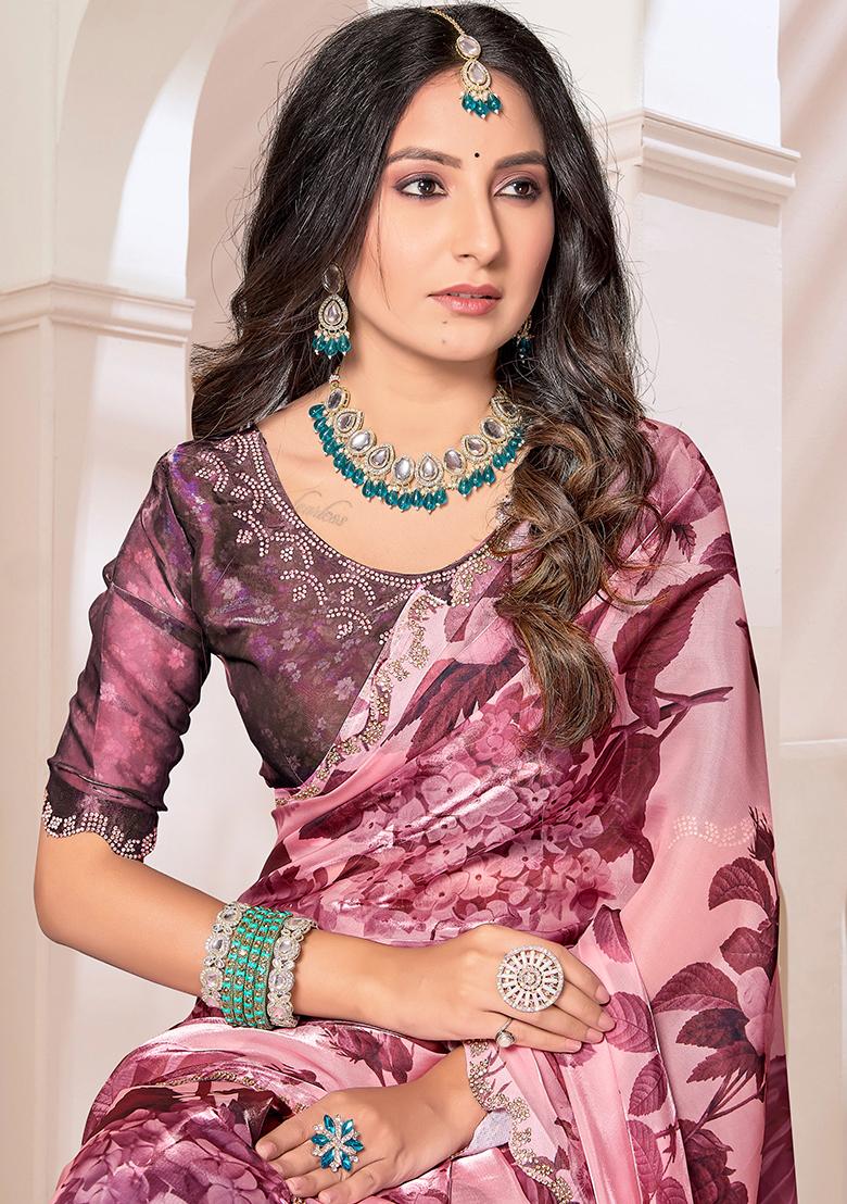 Wine Zircon Hand Embroidered Organza Silk Saree Set