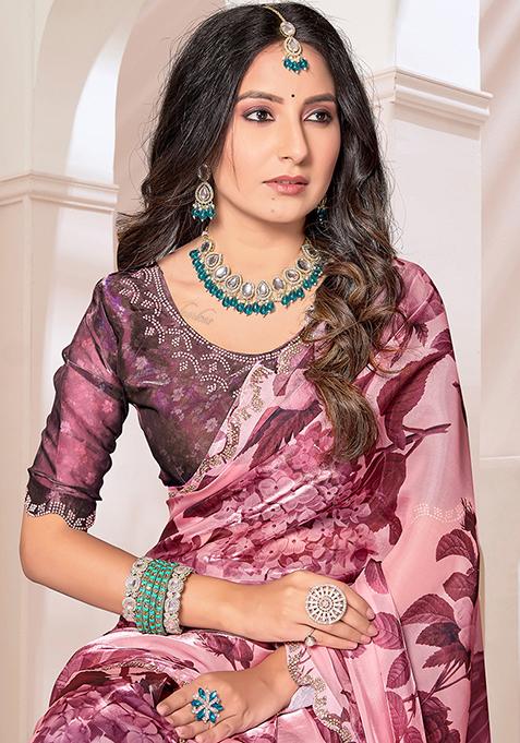 Wine Zircon Hand Embroidered Organza Silk Saree Set