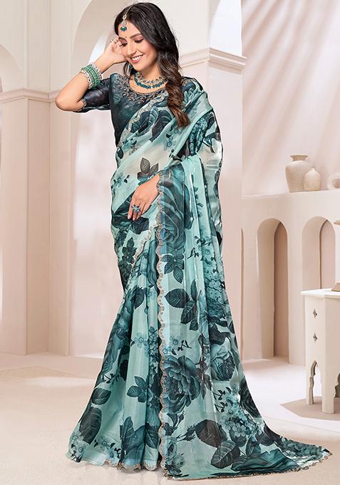Green Zircon Hand Embroidered Organza Silk Saree Set