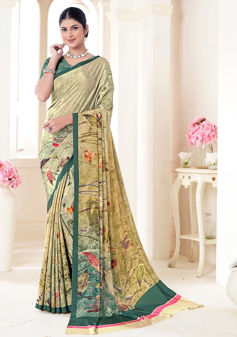 Beige Digital Print Crepe Soft Silk Saree Set