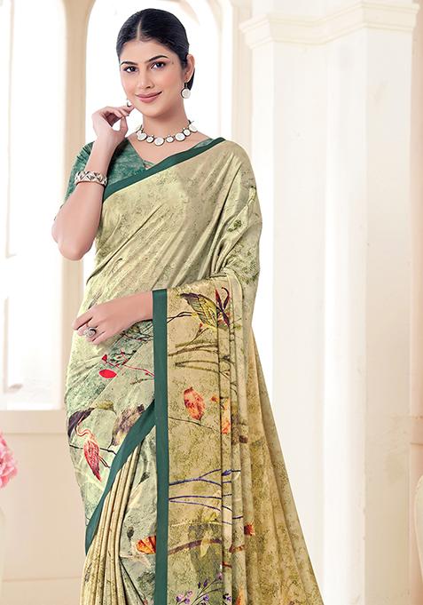Beige Digital Print Crepe Soft Silk Saree Set