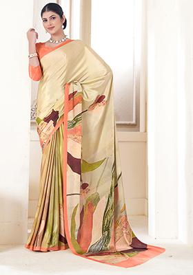 Cream Digital Print Crepe Soft Silk Saree Set
