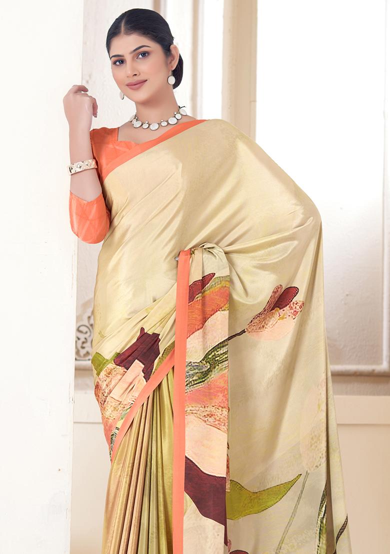 Cream Digital Print Crepe Soft Silk Saree Set
