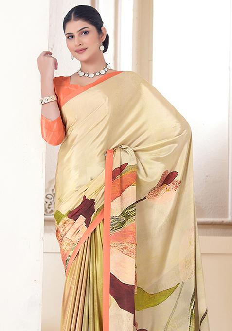 Cream Digital Print Crepe Soft Silk Saree Set