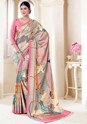 Multicolor Digital Print Crepe Soft Silk Saree Set