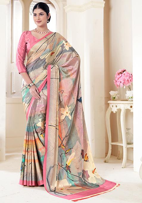 Multicolor Digital Print Crepe Soft Silk Saree Set