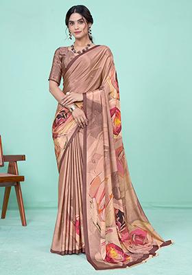 Brown Digital Print Crepe Soft Silk Saree Set