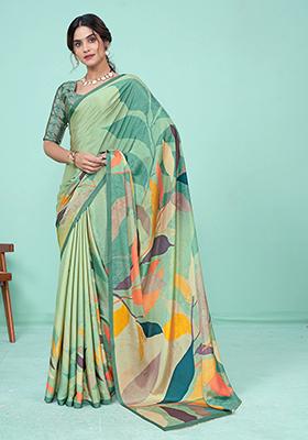 Green Digital Print Crepe Soft Silk Saree Set
