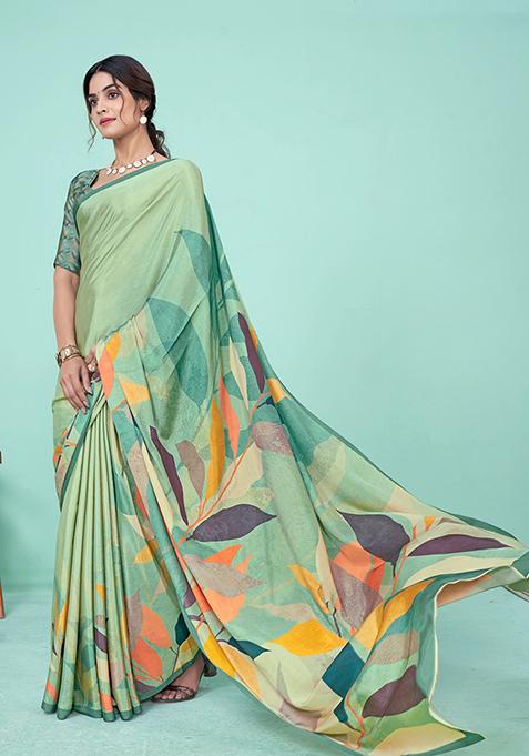 Green Digital Print Crepe Soft Silk Saree Set