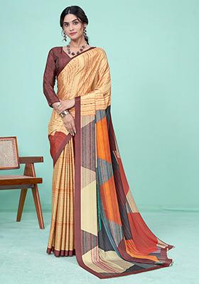 Yellow Digital Print Crepe Soft Silk Saree Set