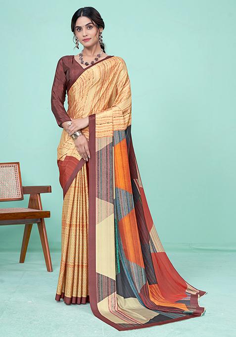 Yellow Digital Print Crepe Soft Silk Saree Set