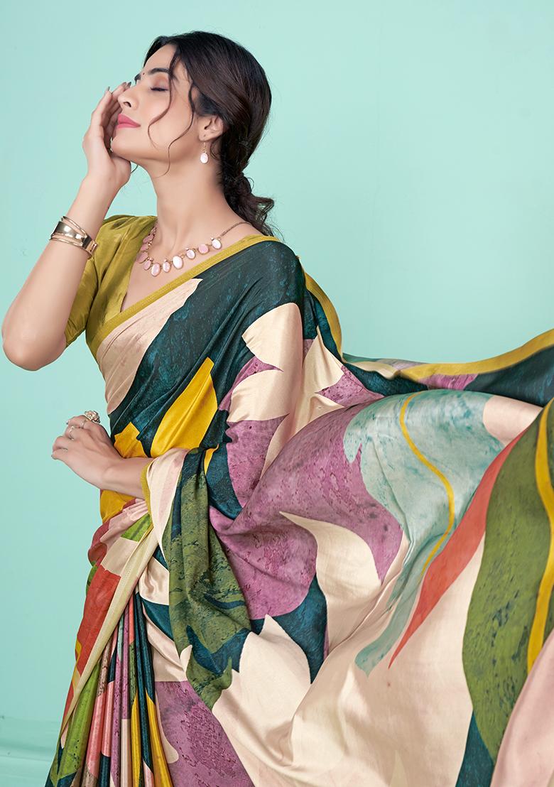 Multicolor Digital Print Crepe Soft Silk Saree Set
