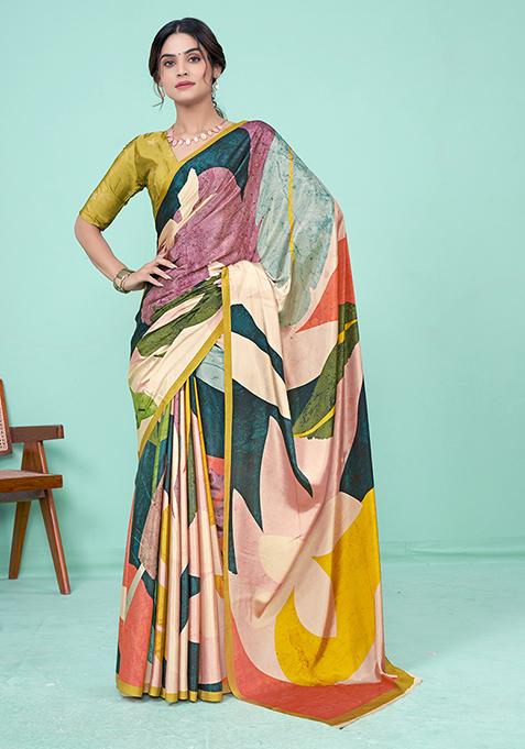 Multicolor Digital Print Crepe Soft Silk Saree Set