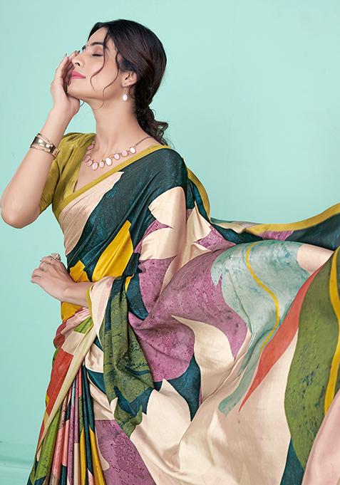 Multicolor Digital Print Crepe Soft Silk Saree Set