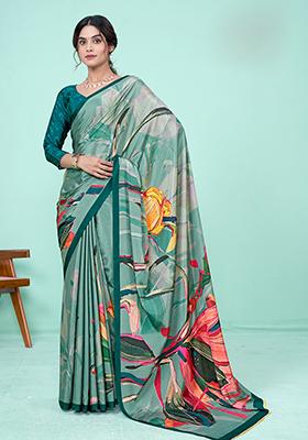Green Digital Print Crepe Soft Silk Saree Set