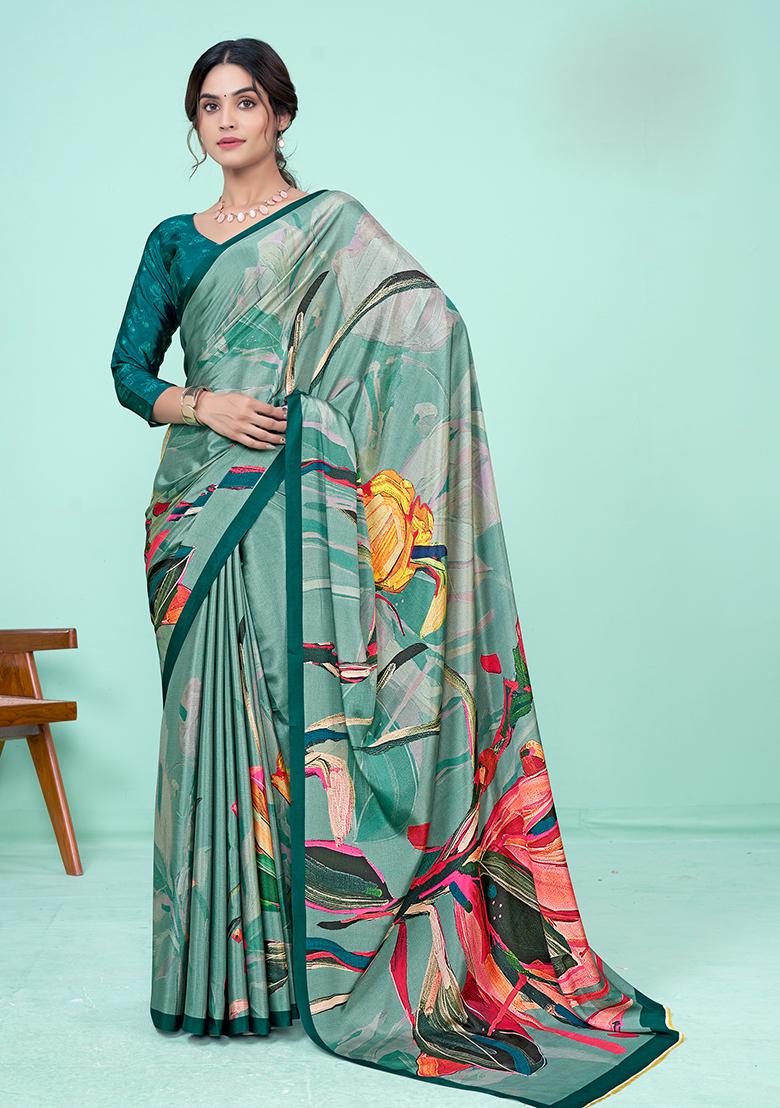 Green Digital Print Crepe Soft Silk Saree Set