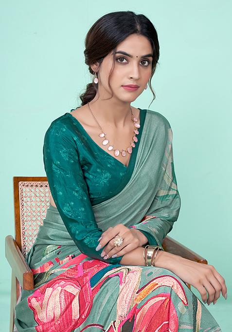 Green Digital Print Crepe Soft Silk Saree Set