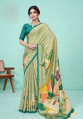 Pista Green Digital Print Crepe Soft Silk Saree Set