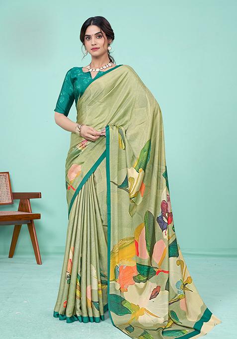 Pista Green Digital Print Crepe Soft Silk Saree Set