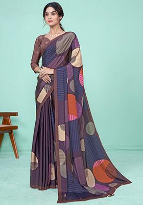 Dark Purple Digital Print Crepe Soft Silk Saree Set