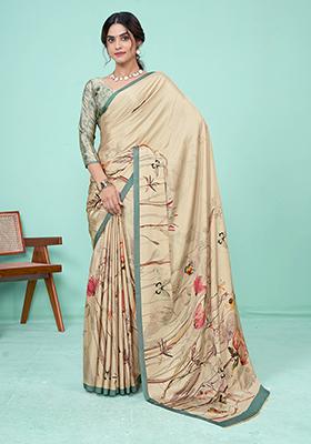 Cream Digital Print Crepe Soft Silk Saree Set