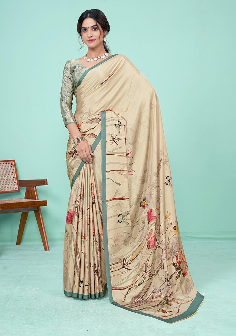 Cream Digital Print Crepe Soft Silk Saree Set