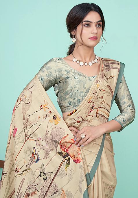 Cream Digital Print Crepe Soft Silk Saree Set