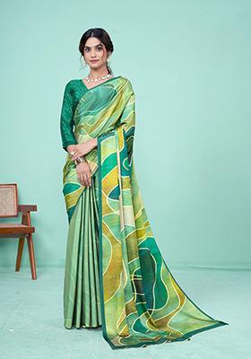 Green Digital Print Crepe Soft Silk Saree Set