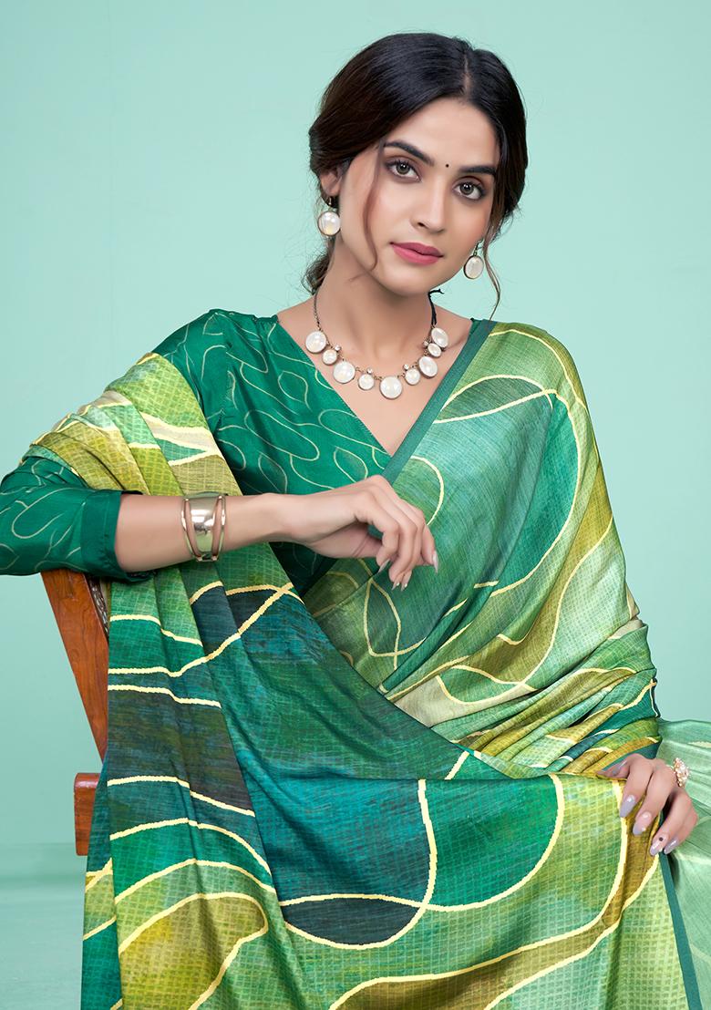 Green Digital Print Crepe Soft Silk Saree Set