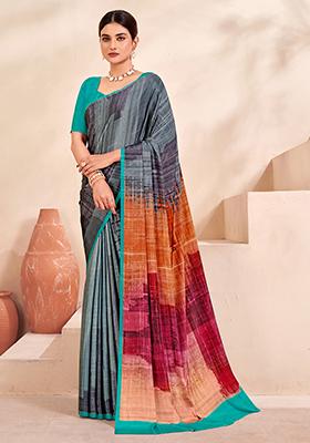 Multicolor Digital Print Crepe Soft Silk Saree Set