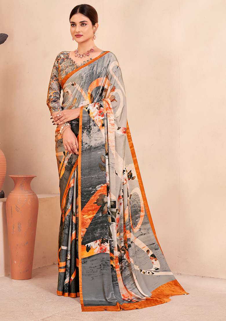 Multicolor Digital Print Crepe Soft Silk Saree Set - Indya