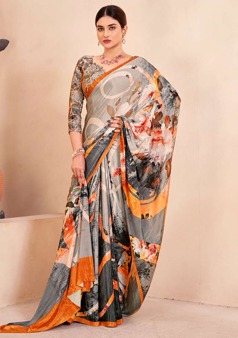Multicolor Digital Print Crepe Soft Silk Saree Set - Indya