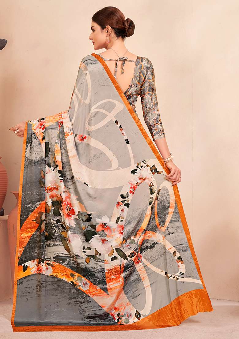Multicolor Digital Print Crepe Soft Silk Saree Set - Indya