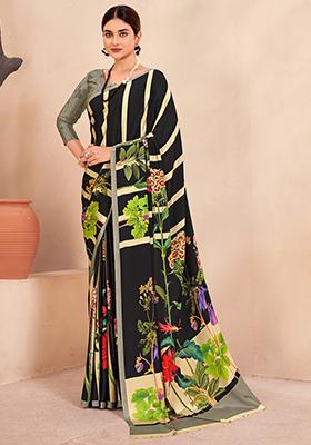 Black Digital Print Crepe Soft Silk Saree Set