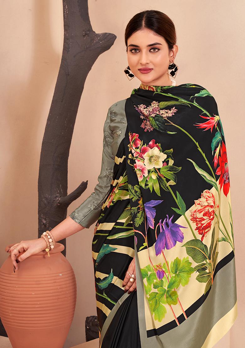 Black Digital Print Crepe Soft Silk Saree Set - Indya