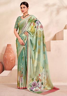 Aqua Green Digital Print Crepe Soft Silk Saree Set