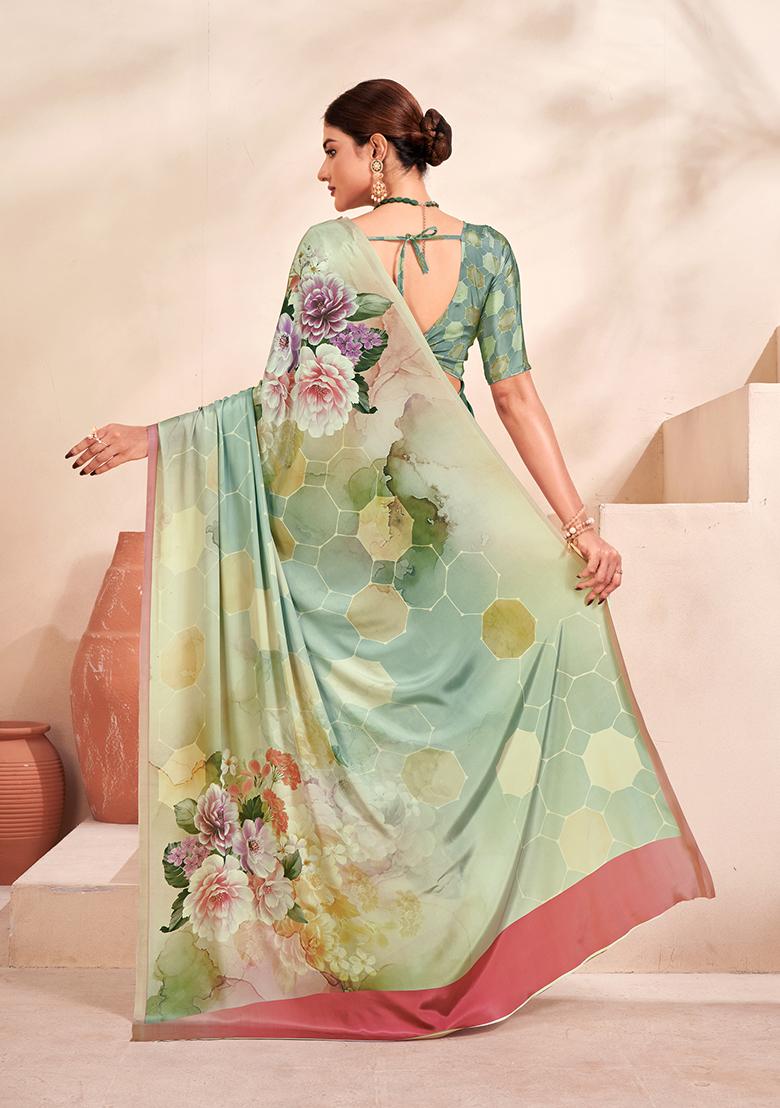 Aqua Green Digital Print Crepe Soft Silk Saree Set