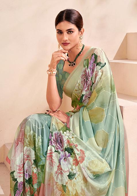 Aqua Green Digital Print Crepe Soft Silk Saree Set