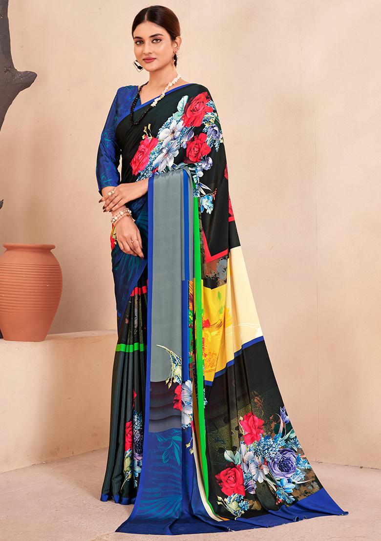 Blue Digital Print Crepe Soft Silk Saree Set