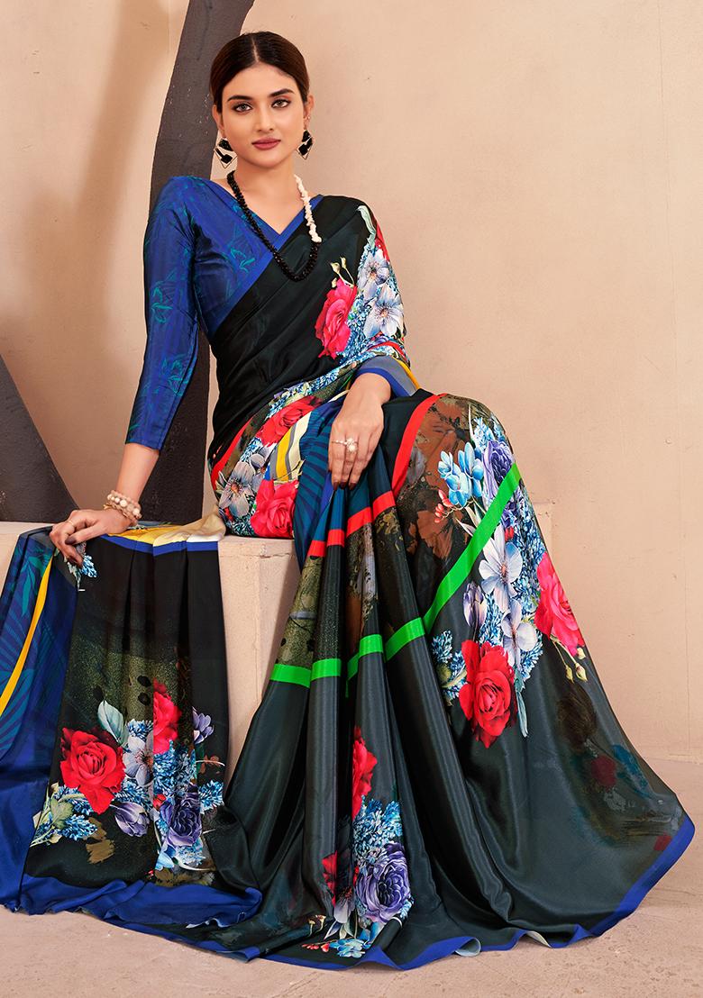 Blue Digital Print Crepe Soft Silk Saree Set