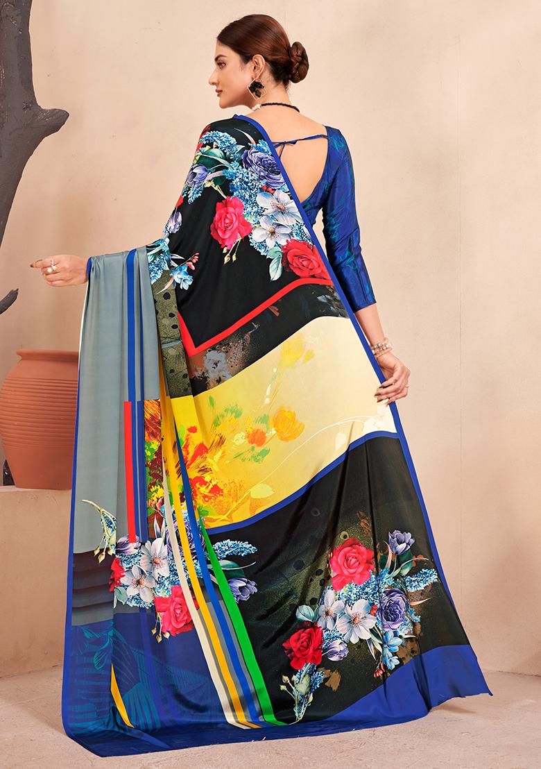 Blue Digital Print Crepe Soft Silk Saree Set