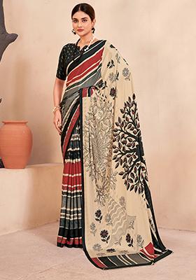 Black And Cream Digital Print Crepe Soft Silk Saree Set
