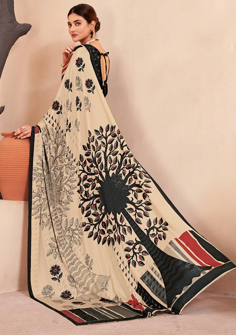 Black And Cream Digital Print Crepe Soft Silk Saree Set - Indya