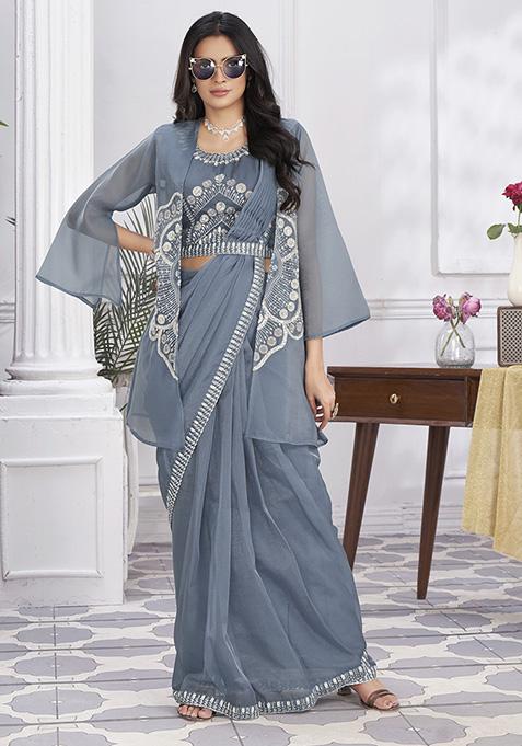 Grey Sequin Embroidered Pure Organza Pre-Stitched Saree Set