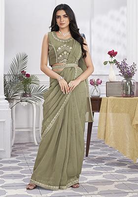 Khaki Sequin Embroidered Pure Organza Pre-Stitched Saree Set