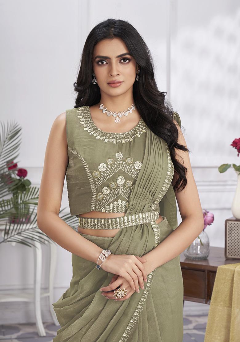 Khaki Sequin Embroidered Pure Organza Pre-Stitched Saree Set