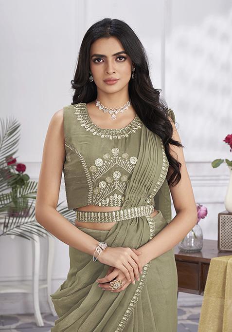 Khaki Sequin Embroidered Pure Organza Pre-Stitched Saree Set