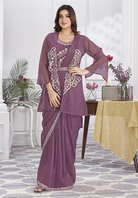 Wine Sequin Embroidered Pure Organza Pre-Stitched Saree Set