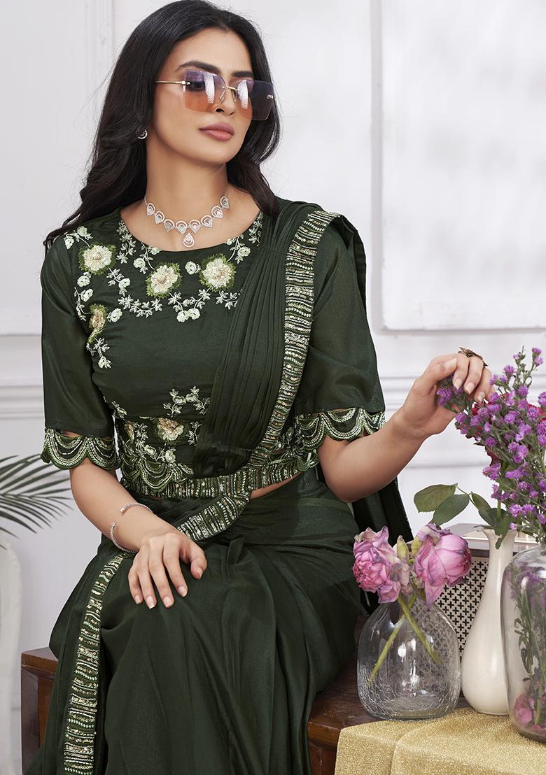 Olive Sequin Embroidered Shimmer Georgette Pre-Stitched Saree Set